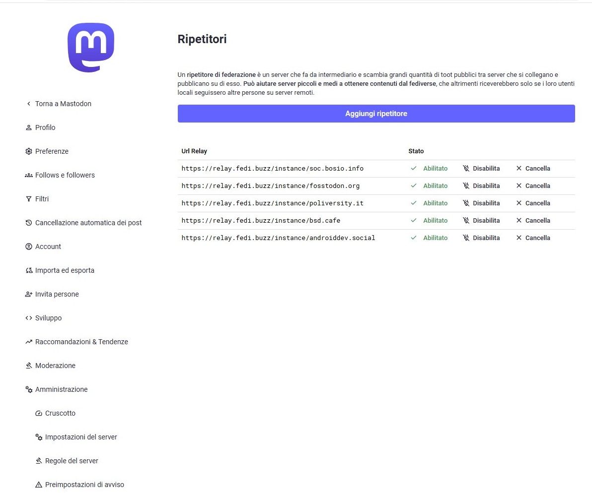 Screenshot pagina impostazioni ripetitori per Mastodon 